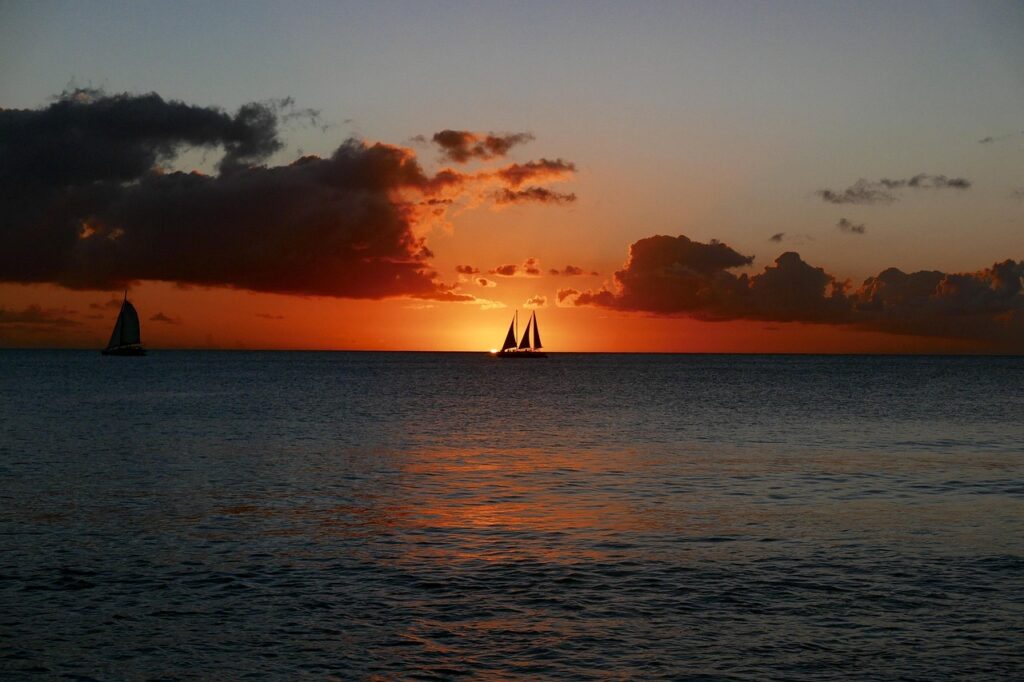 barbados, sunset, tropical, beach, evening, ocean, sailboat, caribbean, nature, vacation